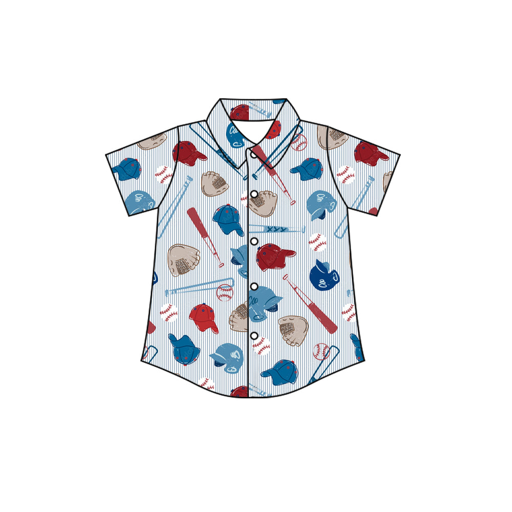 (Preorder new) No moq Baby Boys Baseball Print Sets Short Sleeve Button Shirt Pjs Hoodie Pant And Zipper Romper