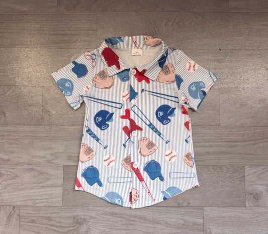 (Sample) No moq milk silk BT2000 Baby Boys Blue Stripe Baseballs Team Button Shirts Daily Wear Top
