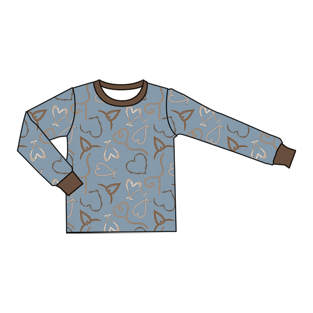 (Preorder new) No moq Baby Boys Blue Heart Print Half Zip Top Long Sleeve Tee Pant Set Rompers