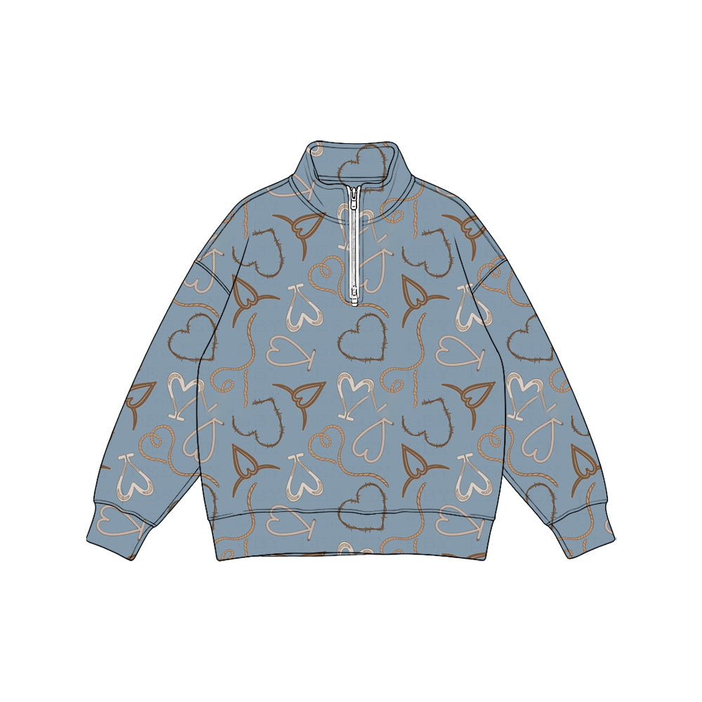 (Preorder new) No moq Baby Boys Blue Heart Print Half Zip Top Long Sleeve Tee Pant Set Rompers