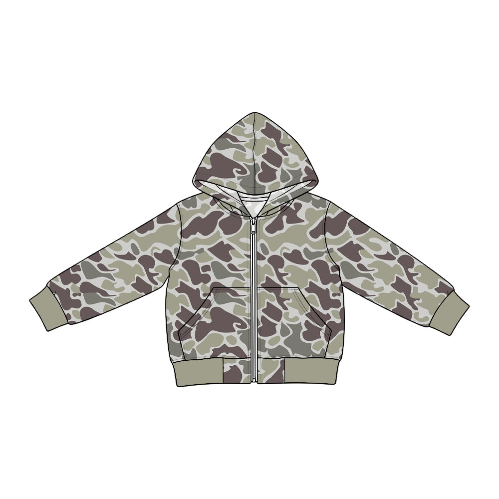 (Preorder new) No moq Denim Baby Boys Camo Long Sleeve Full Zip Pockets Hooded Denim Jacket