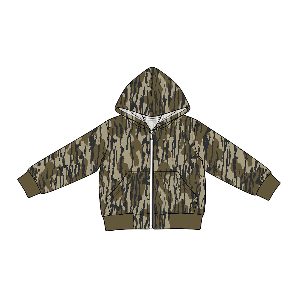 (Preorder new) No moq Denim Baby Boys Camo Long Sleeve Full Zip Pockets Hooded Denim Jacket