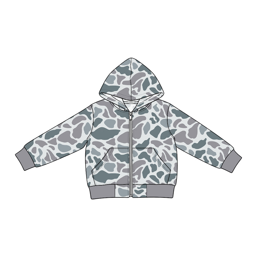 (Preorder new) No moq Denim Baby Boys Camo Long Sleeve Full Zip Pockets Hooded Denim Jacket