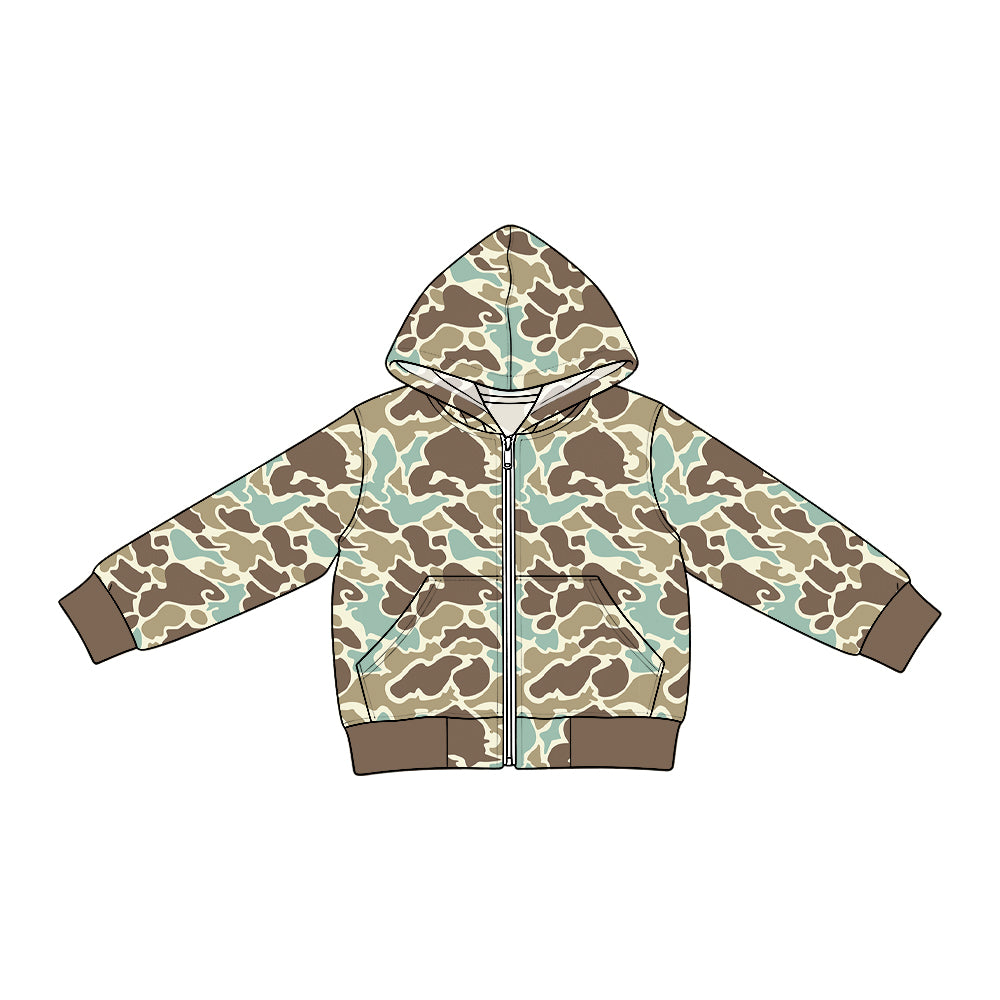 (Preorder new) No moq Denim Baby Boys Camo Long Sleeve Full Zip Pockets Hooded Denim Jacket