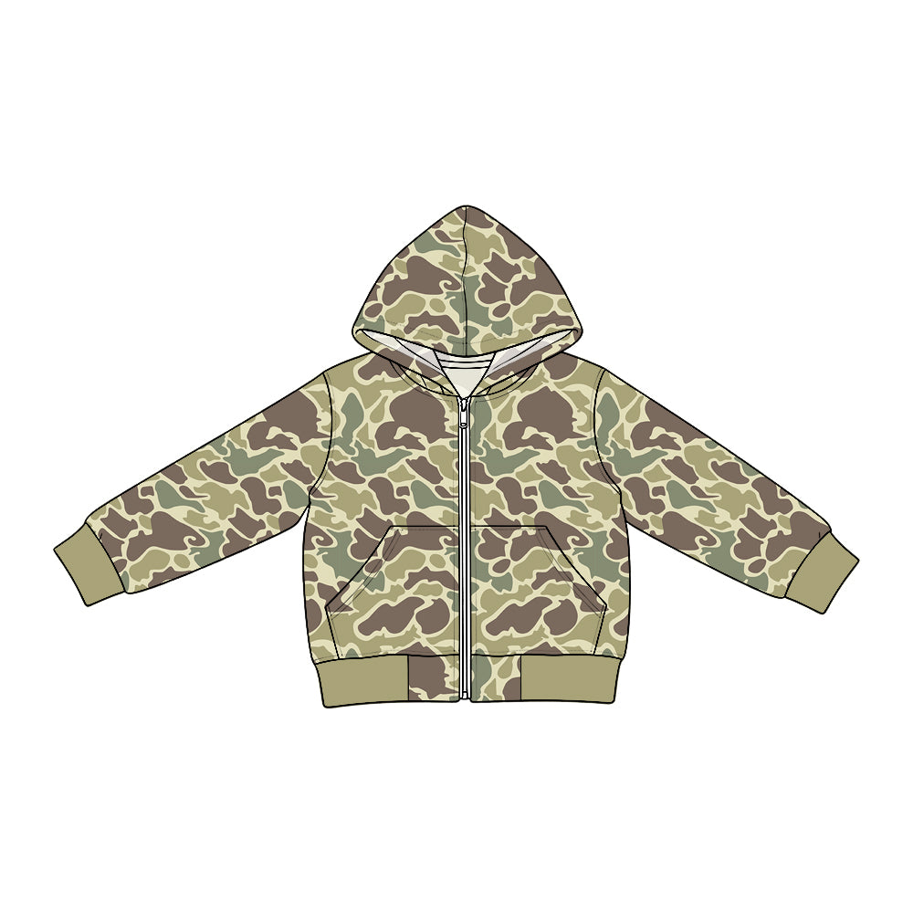 (Preorder new) No moq Denim Baby Boys Camo Long Sleeve Full Zip Pockets Hooded Denim Jacket