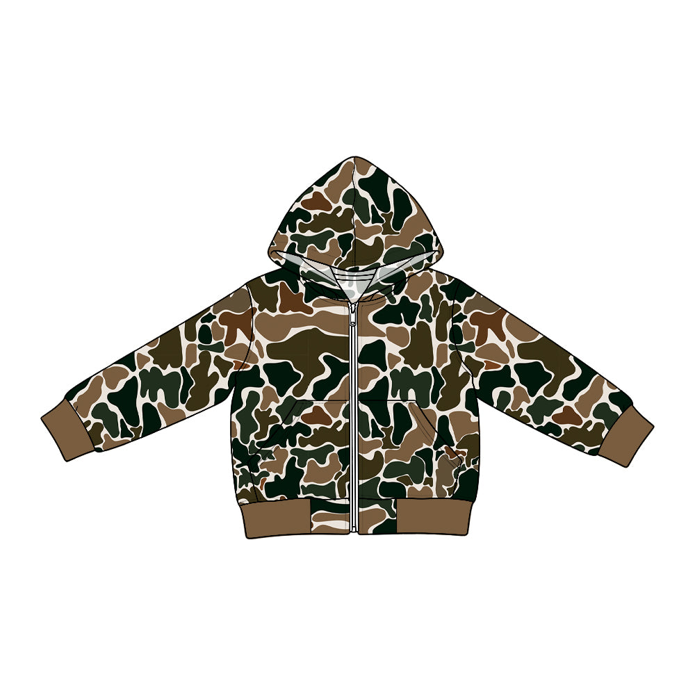 (Preorder new) No moq Denim Baby Boys Camo Long Sleeve Full Zip Pockets Hooded Denim Jacket