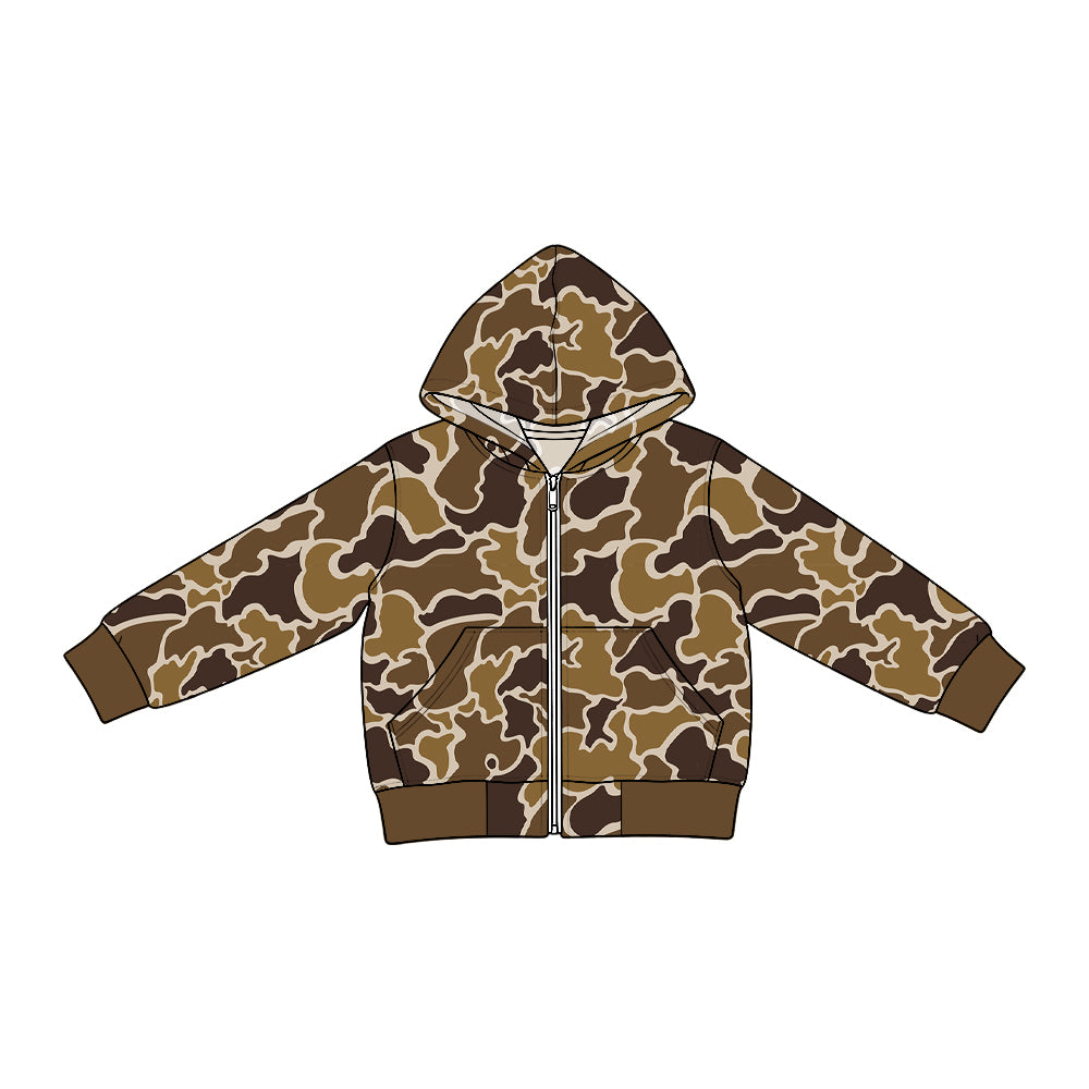 (Preorder new) No moq Denim Baby Boys Camo Long Sleeve Full Zip Pockets Hooded Denim Jacket