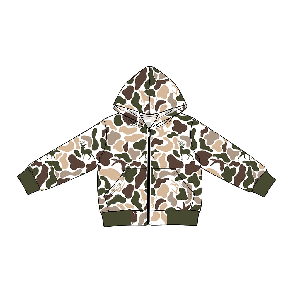 (Preorder new) No moq Denim Baby Boys Camo Long Sleeve Full Zip Pockets Hooded Denim Jacket