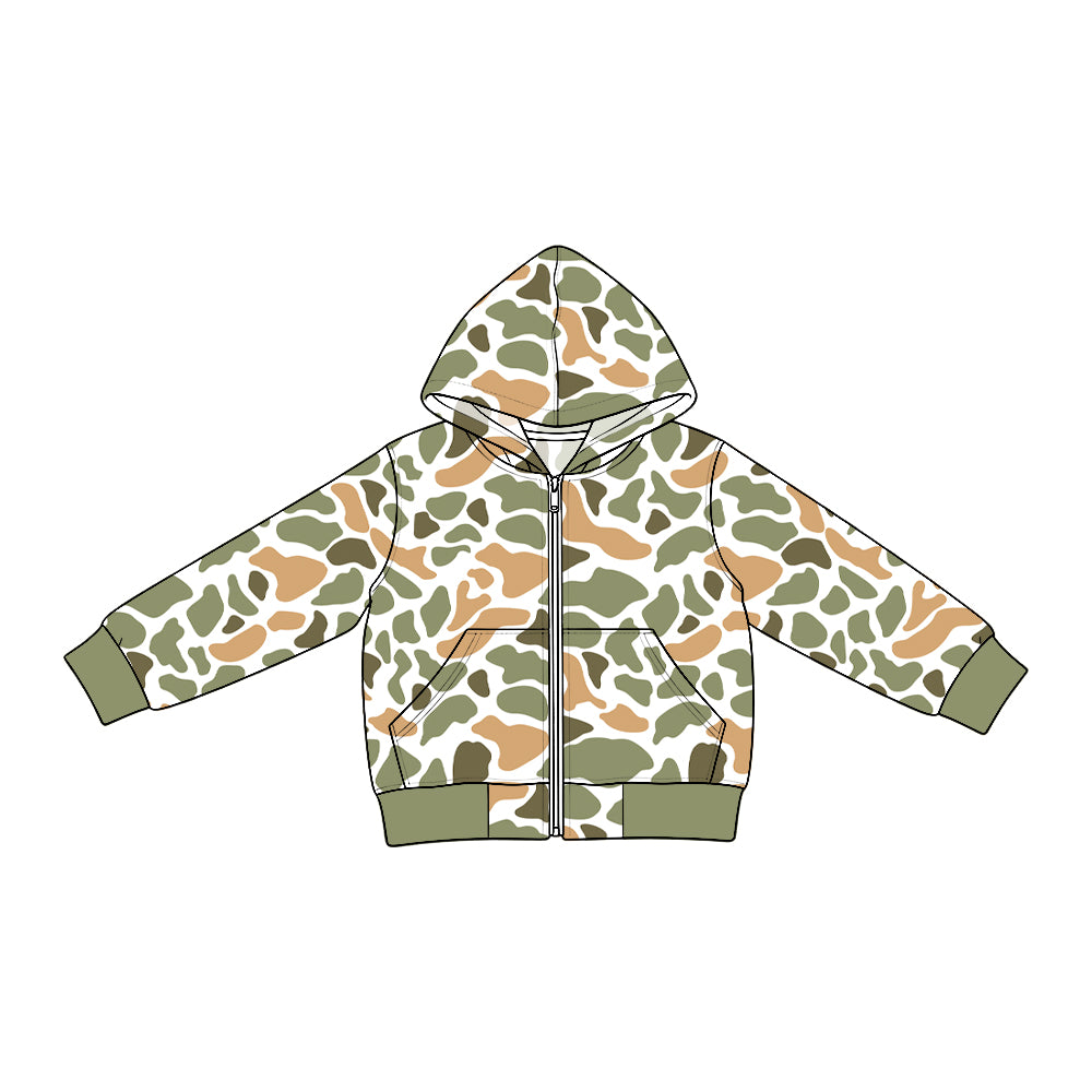 (Preorder new) No moq Denim Baby Boys Camo Long Sleeve Full Zip Pockets Hooded Denim Jacket