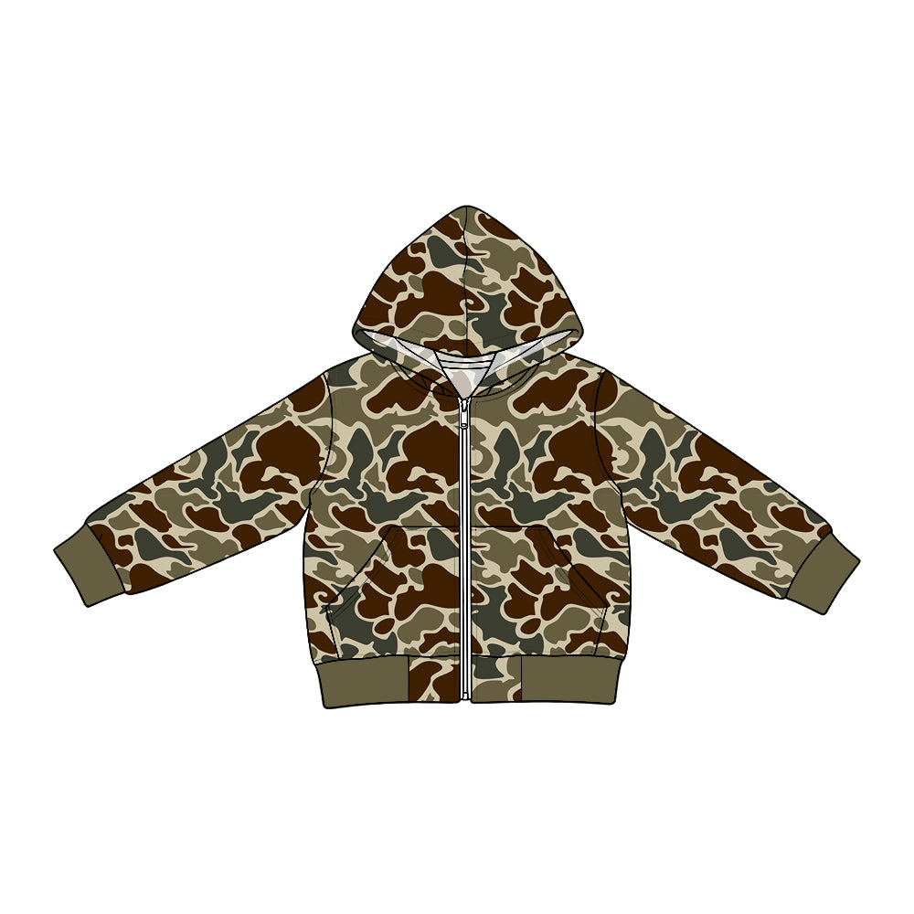 (Preorder new) No moq Denim Baby Boys Camo Long Sleeve Full Zip Pockets Hooded Denim Jacket