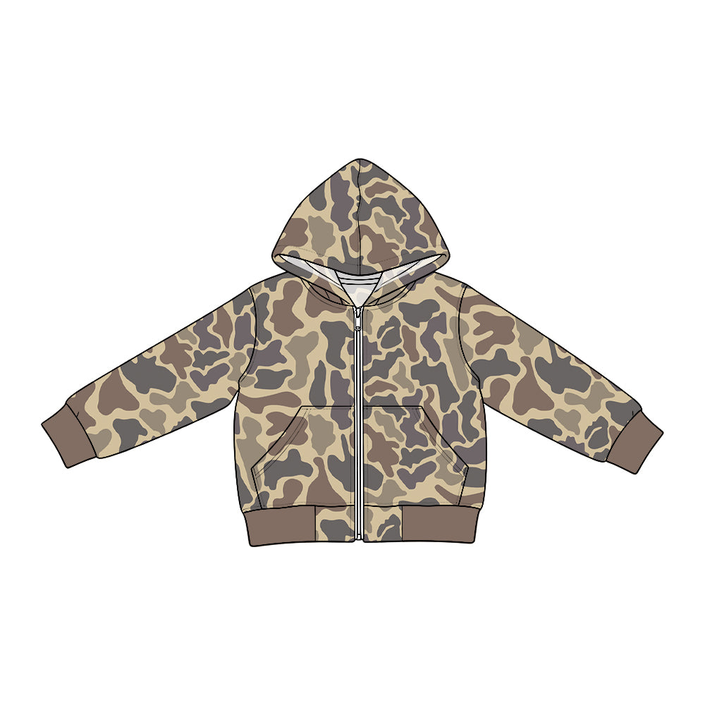(Preorder new) No moq Denim Baby Boys Camo Long Sleeve Full Zip Pockets Hooded Denim Jacket