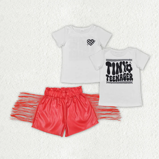 RTS Baby Girls Little Teenager Shirts Tops Red Leather Tassel Shorts Clothes Sets