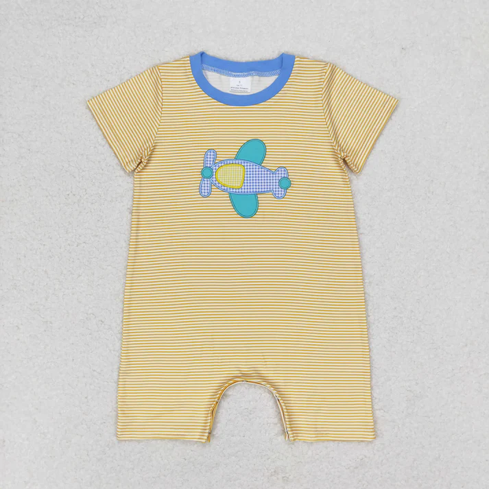 RTS NO MOQ embroidery boys Baby Boys Plane Sibling Brother Summer Rompers Clothes Sets