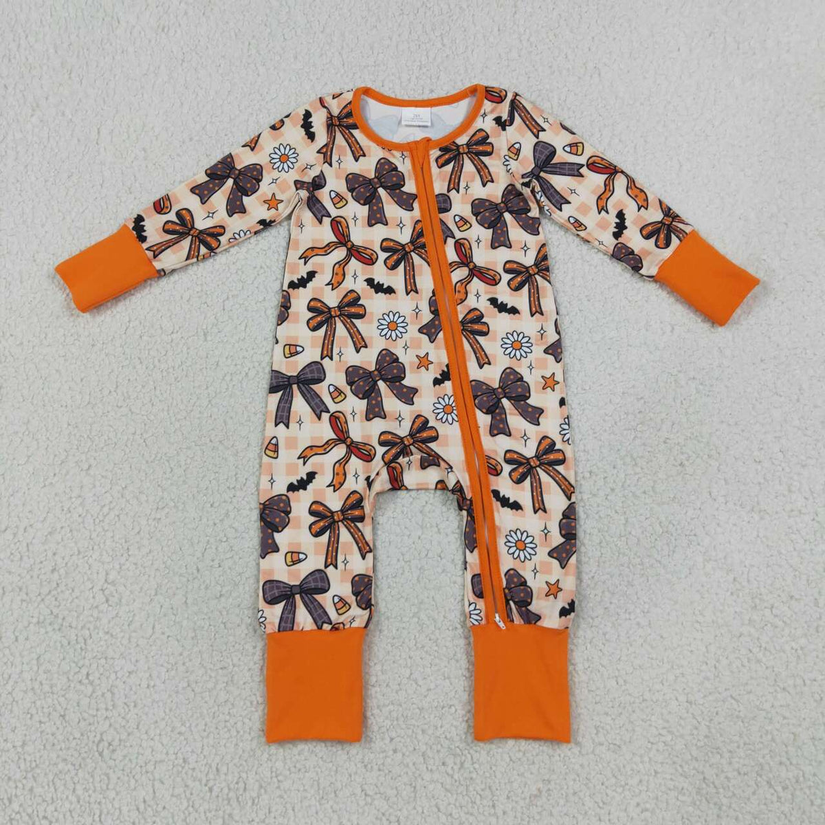 NEW RTS NO MOQ milk silk LR3161 Baby Girls Halloween Bow Floral Print Two Way Zip Front Convertible Romper