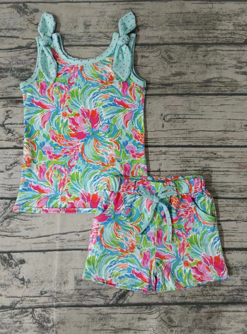 Flamingo Girls Short Sleeve Shorts Suit Tie Dye