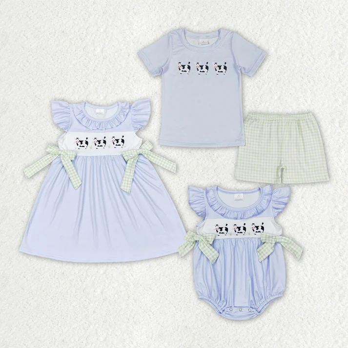 RTS NO MOQ Baby Girls Boys Cows Western Sibling Dresses Rompers Sets print cow