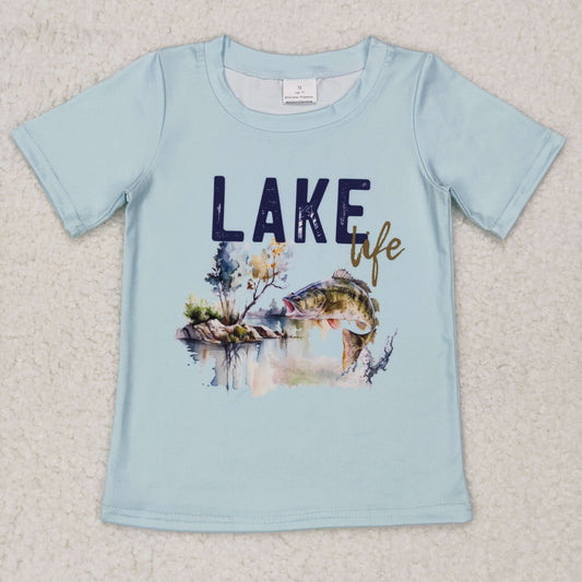 BT0339 lake life letter fishing blue short-sleeved top