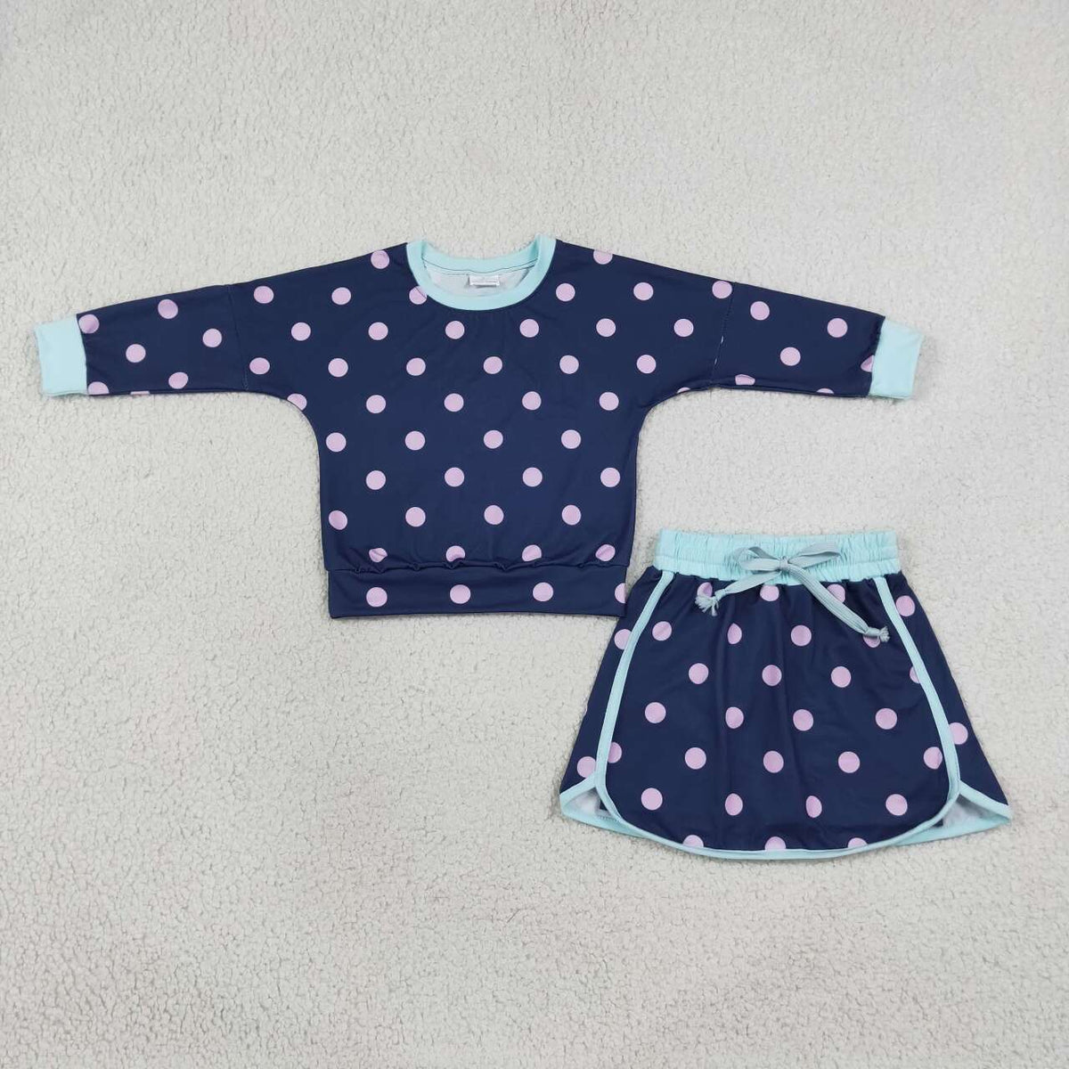 NEW RTS NO MOQ milk silk GLD1762 Baby Girls Navy Polka Dot Long Sleeve Top And Drawstring Skort Set
