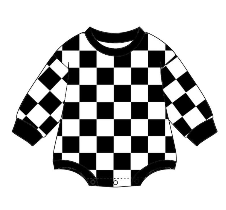 Custom moq 3 eta 7/8week moq 5 eta /4/5week  Black and white plaid long-sleeved short romper
