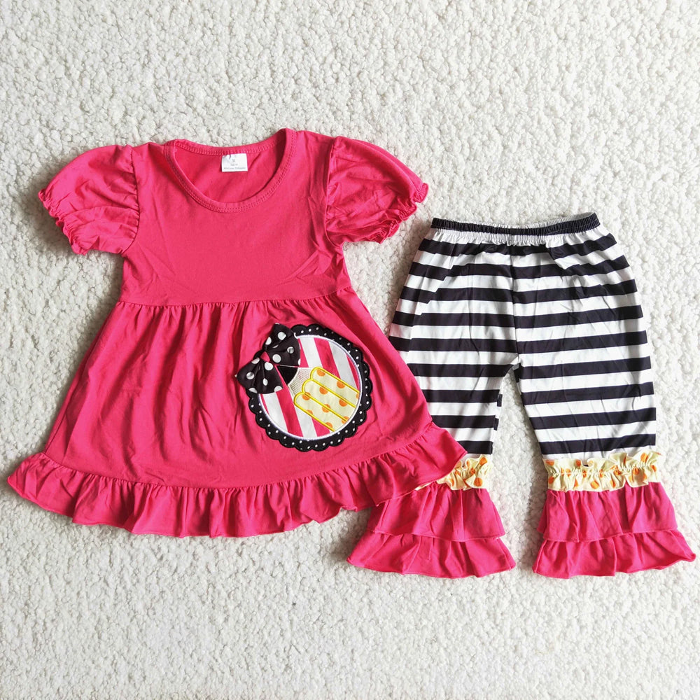 RTS NO MOQ Sibling milk silk Baby Girls Short Sleeve Top Capri Pants Back To School Clothes Set(2T-14-16T）