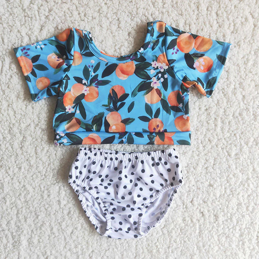 RTS NO MOQ Sibling milk silk Baby Girls Cute Peach Fruit Print Spaghetti Straps Top And Elastic Waist Shorts Set Rompers