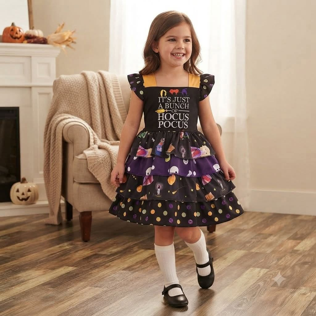 C3-23 baby girls Halloween dress over knee print clothes flying sleeve