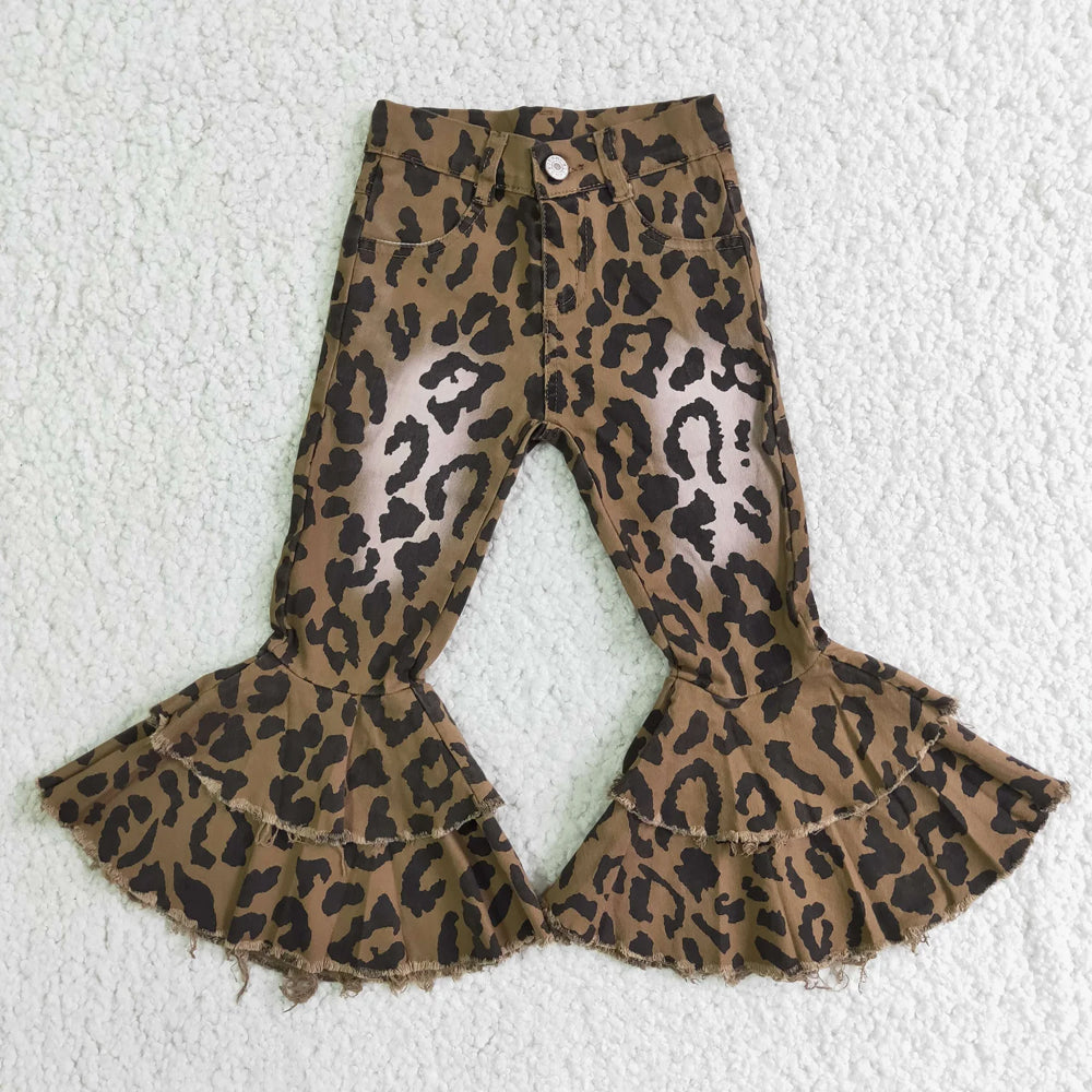 RTS NO MOQ Sibling Denim Baby Girls Leopard Print Double Ruffle Bell Bottom Denim Pants