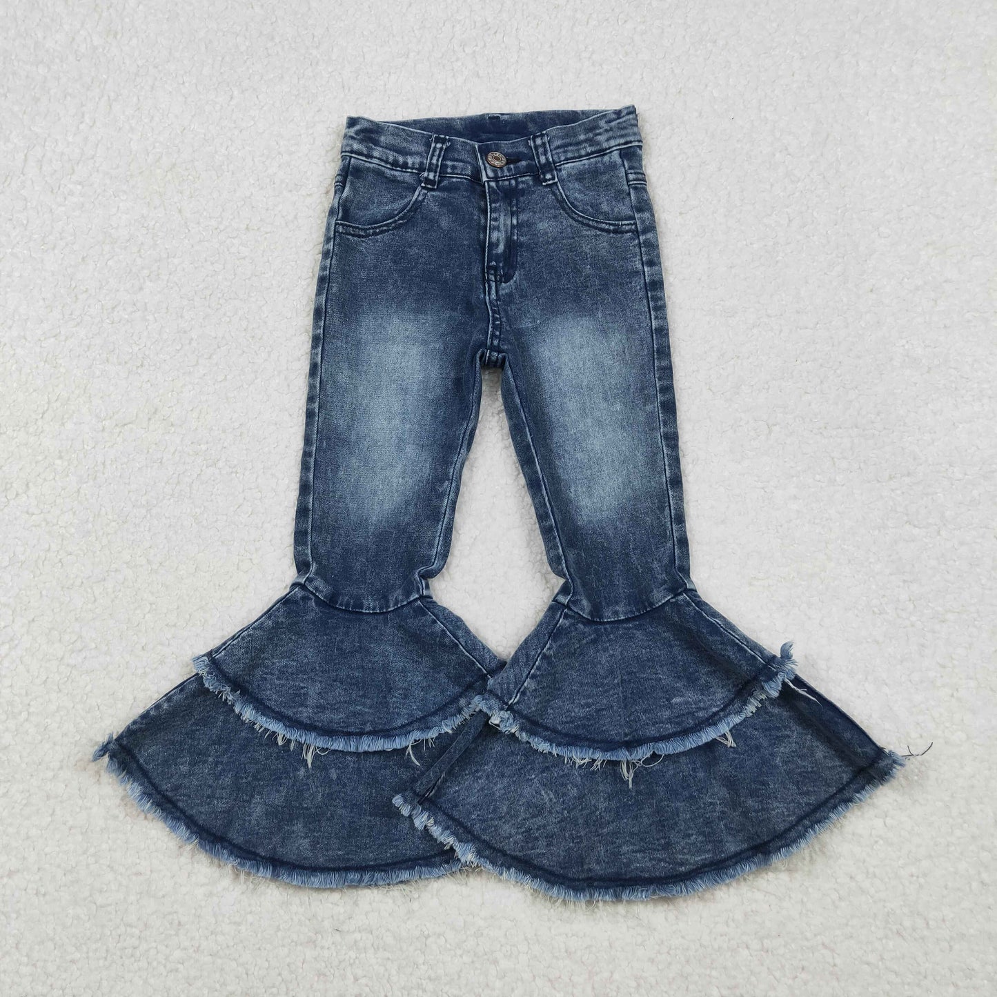 RTS NO MOQ GT0462+C5-15 Baby Girls Dark Pink Flutter Sleeve Tunic Tops Washed Blue Ruffle Detail Denim Jeans Set for Little Girls