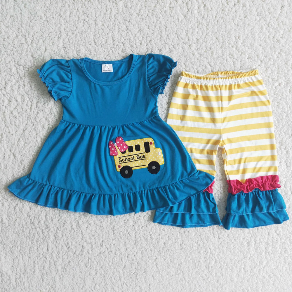 RTS NO MOQ Sibling milk silk Baby Girls Short Sleeve Top Capri Pants Back To School Clothes Set(2T-14-16T）