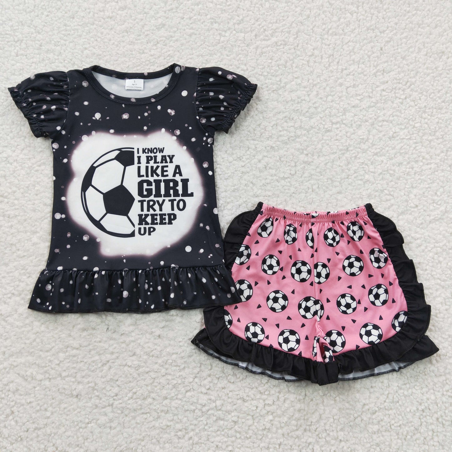 RTS NO MOQ（In Stock ) GIRL Soccer Black Short Sleeve Pink Shorts Set
