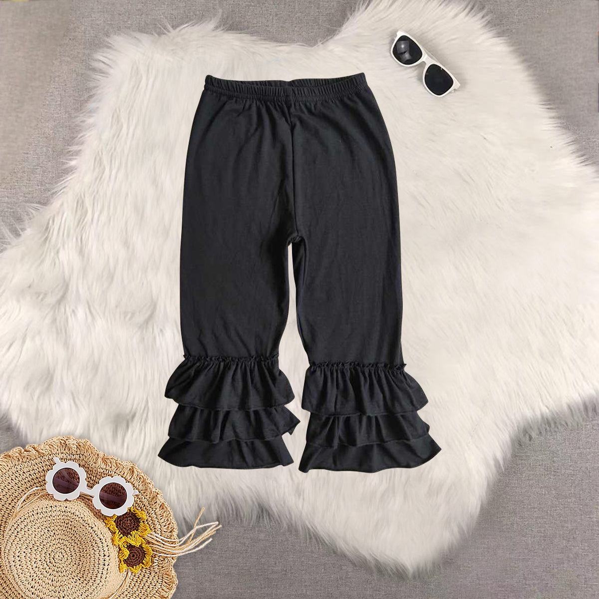 RTS NO MOQ Sibling baby girl clothes Double ruffled hem straight-leg trousers