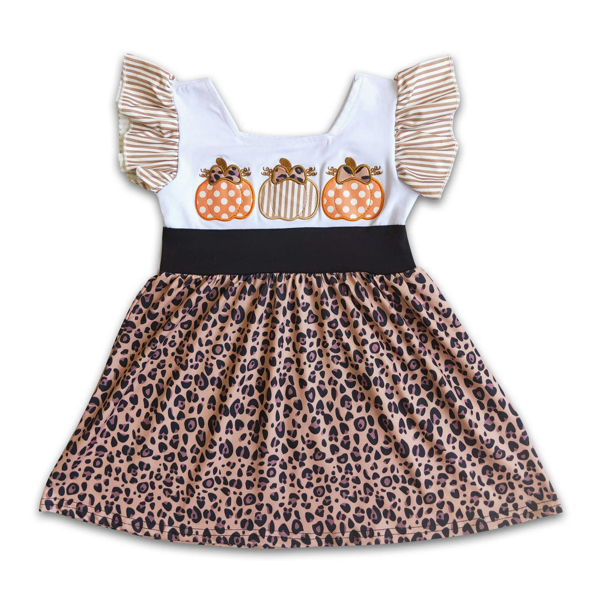 RTS NO MOQ Sibling milk silk Embroidery Pumpkin Baby Girls Leopard Flutter Sleeve Fall Casual Dresses Bow Rompers