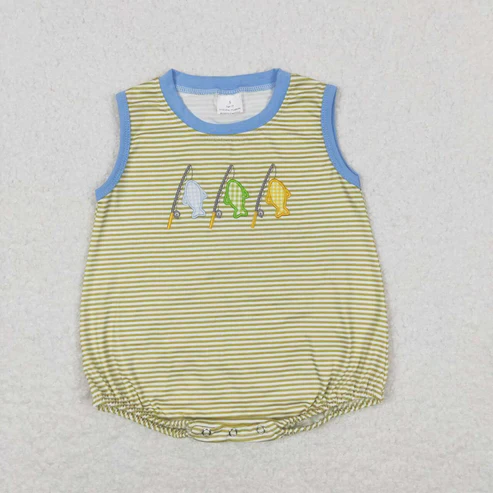 RTS Baby Boys Stripes Fishing Sibling Embroidery Summer Rompers Clothes Sets