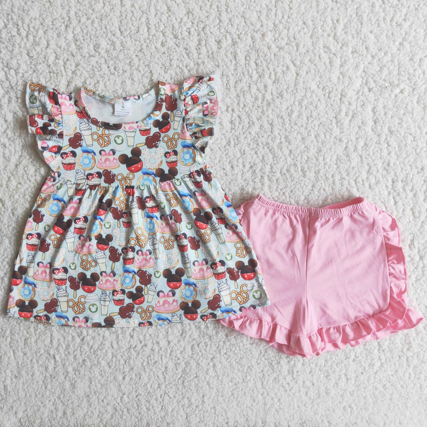 Cute Clothes C8-12 Baby Girls Flutter Sleeve Top And Pink Shorts Set