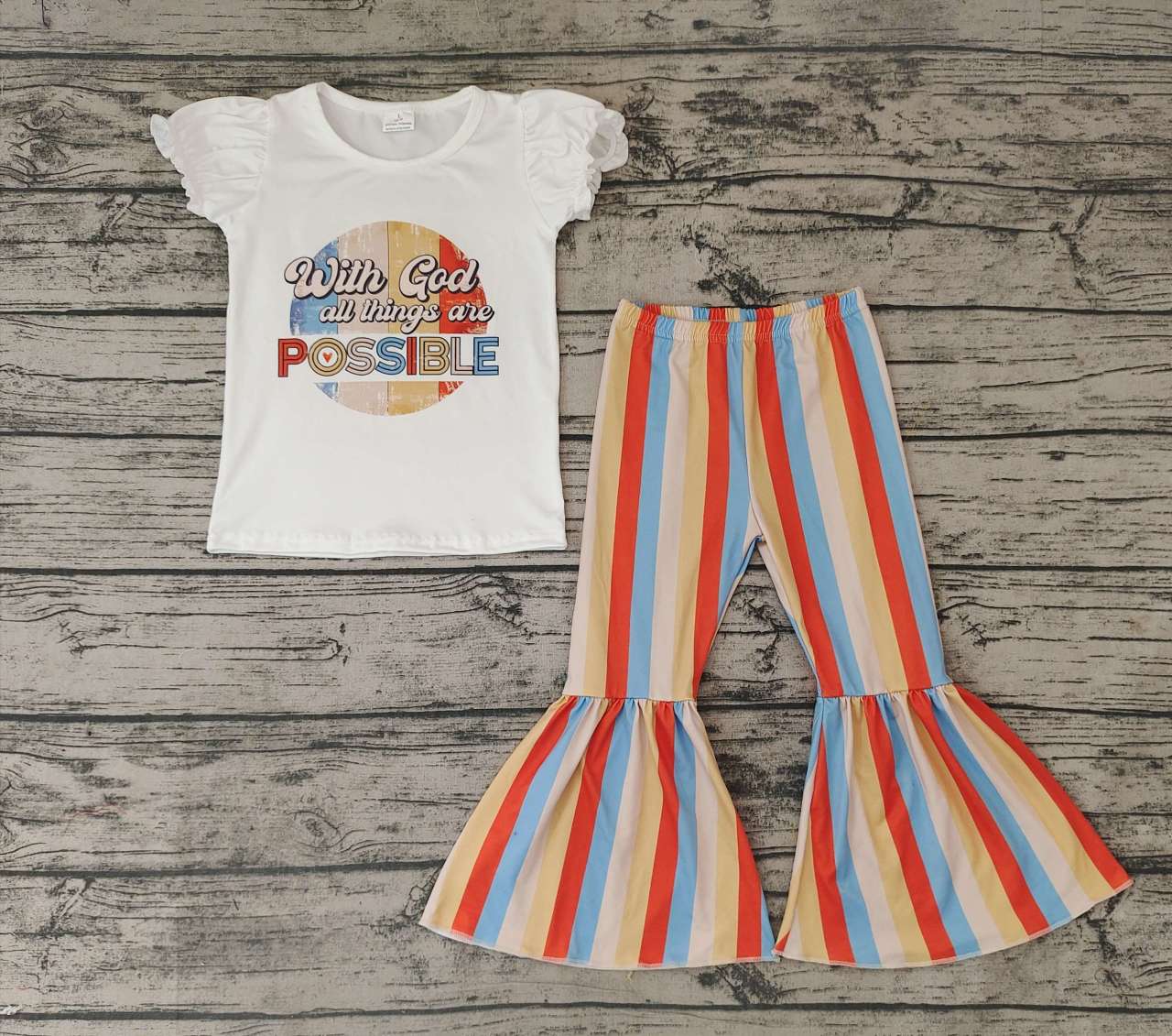 possible letter short-sleeved white top colorful striped trouser suit