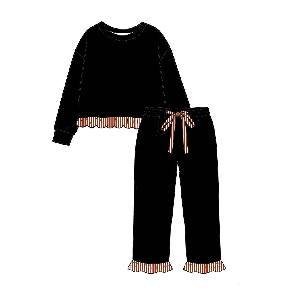 pre order no moq CGSL01 CUTEST fall outfits Kids Long Sleeve Crew Neck Top Ruffle Hem Drawstring Ruffle Cuff Pant Set