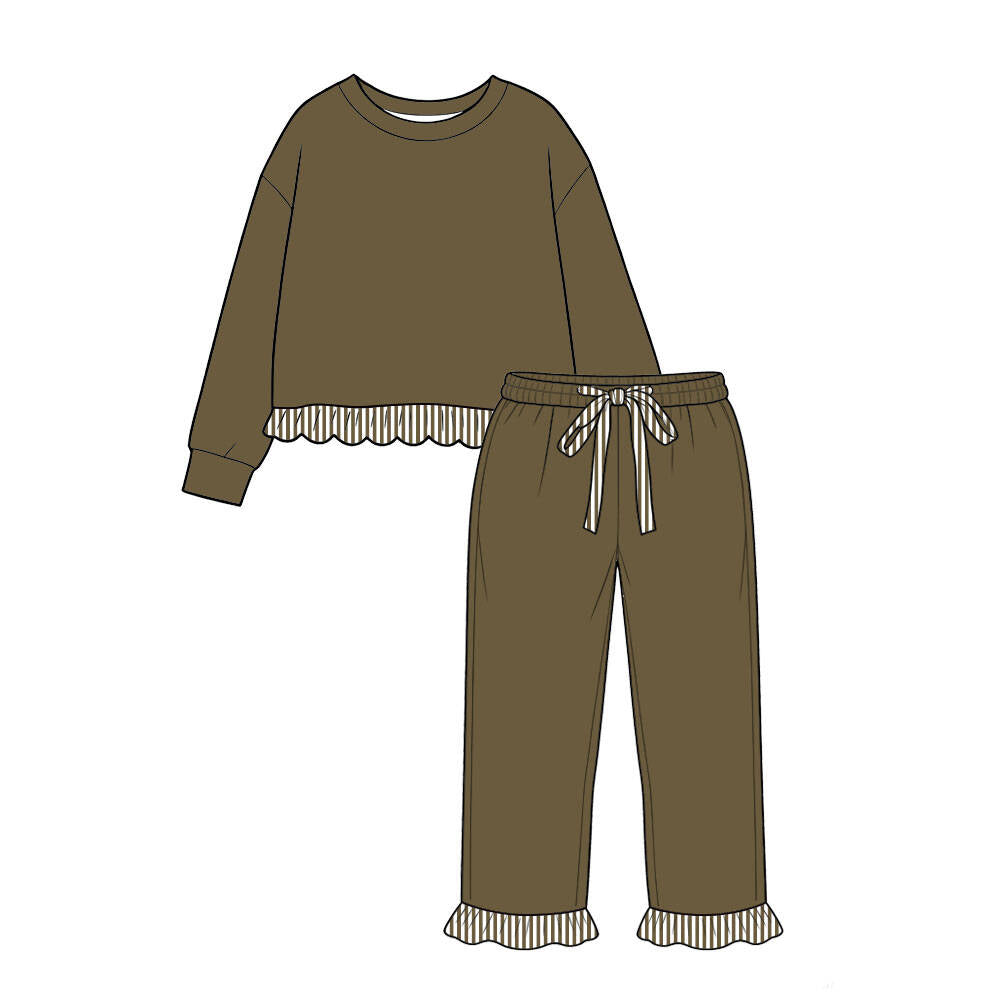 pre order no moq CGSL01 CUTEST fall outfits Kids Long Sleeve Crew Neck Top Ruffle Hem Drawstring Ruffle Cuff Pant Set