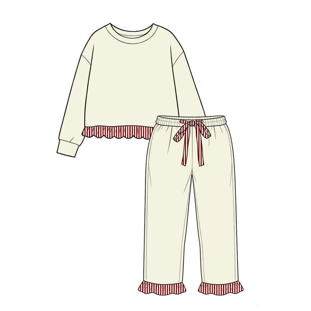 pre order no moq CGSL01 CUTEST fall outfits Kids Long Sleeve Crew Neck Top Ruffle Hem Drawstring Ruffle Cuff Pant Set