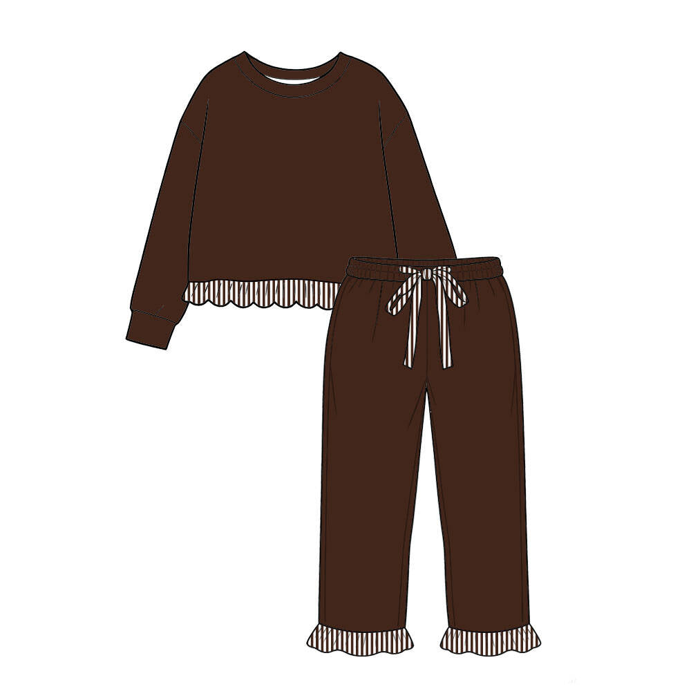 pre order no moq CGSL01 CUTEST fall outfits Kids Long Sleeve Crew Neck Top Ruffle Hem Drawstring Ruffle Cuff Pant Set
