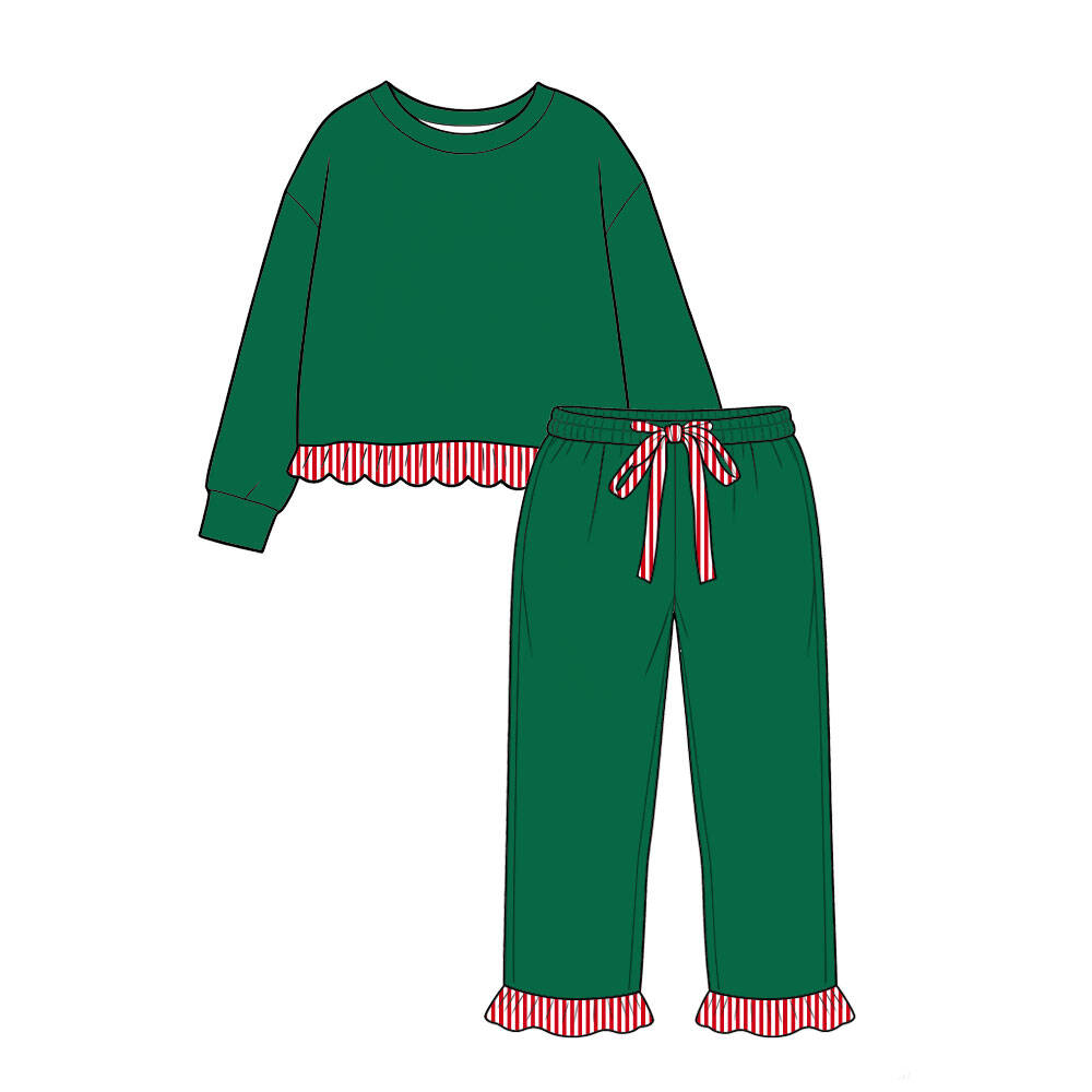 pre order no moq CGSL01 CUTEST fall outfits Kids Long Sleeve Crew Neck Top Ruffle Hem Drawstring Ruffle Cuff Pant Set