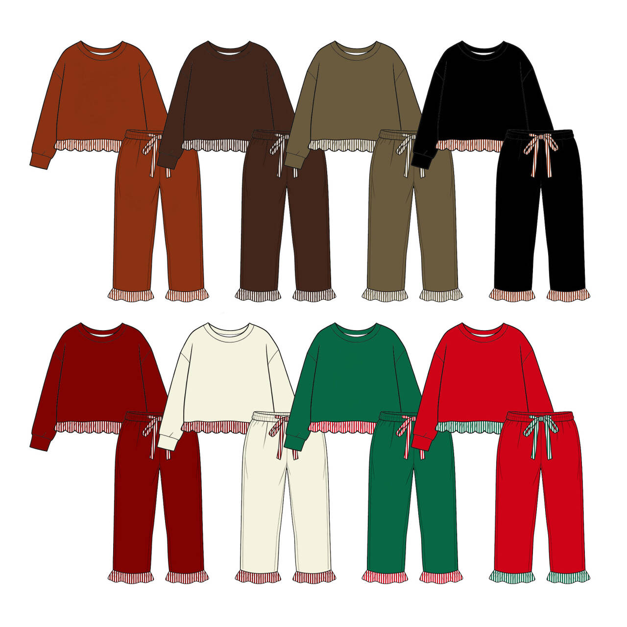 pre order no moq CGSL01 CUTEST fall outfits Kids Long Sleeve Crew Neck Top Ruffle Hem Drawstring Ruffle Cuff Pant Set