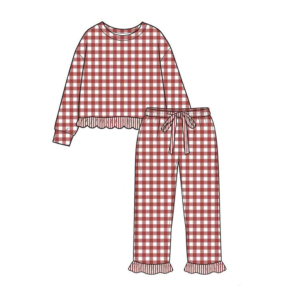 pre order no moq CGSLG02 CUTEST fall outfits Kids Long Sleeve Plaid Crew Neck Top Ruffle Hem Drawstring Ruffle Cuff Pant Set
