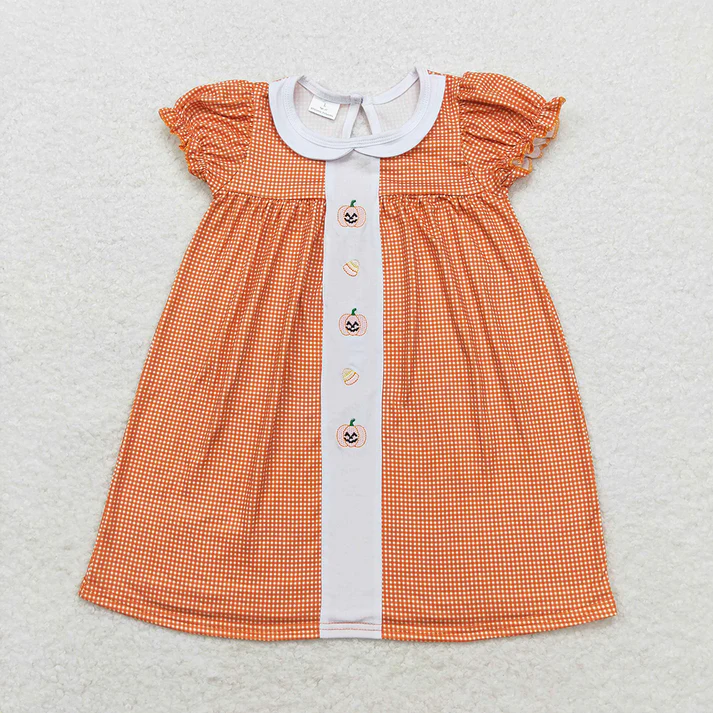 RTS NO MOQ  Baby Girls Pumpkin Candy Orange Checkered Sibling Rompers Dresses Thanksgiving Embroidery