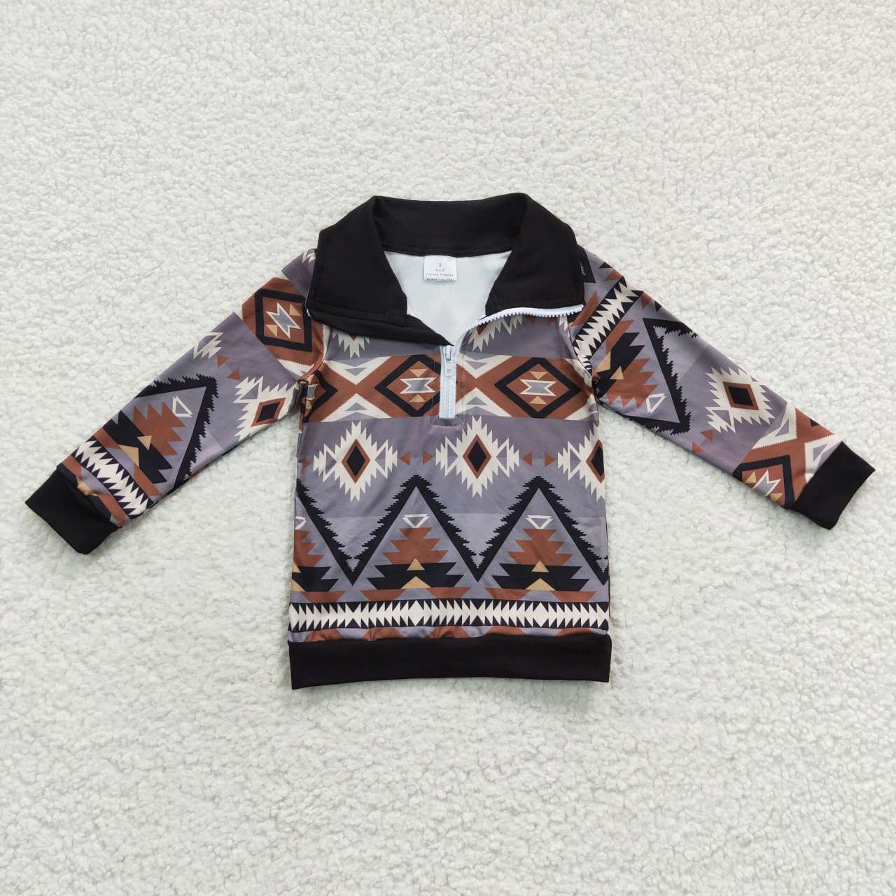 BT0230 aztec Geometric Dark Gray Zip Long Sleeve Top