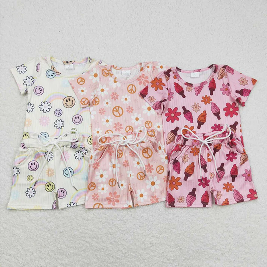 RTS Baby Girls Flowers Short Sleeve Tee Shirts Summer Shorts Pajamas Clothes Sets