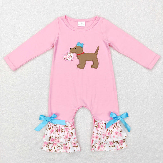 LR0789 Embroidered Flower Love Puppy Pink Lace Long Sleeve Jumpsuit