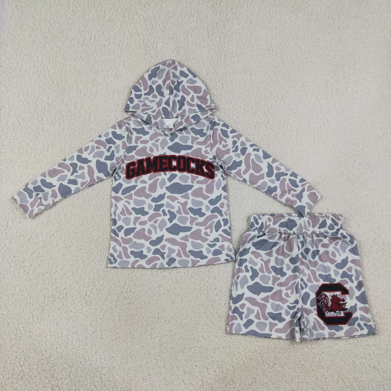 NEW RTS NO MOQ milk silk BLS0048 Baby Boys Grey Camo Letter Print Long Sleeve Hoodie Shorts Team Set