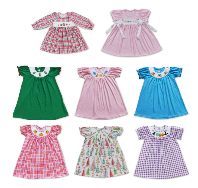 RTS NO MOQ GLD0331 smocked embroidered gift Santa Claus red and green plaid long-sleeved dress