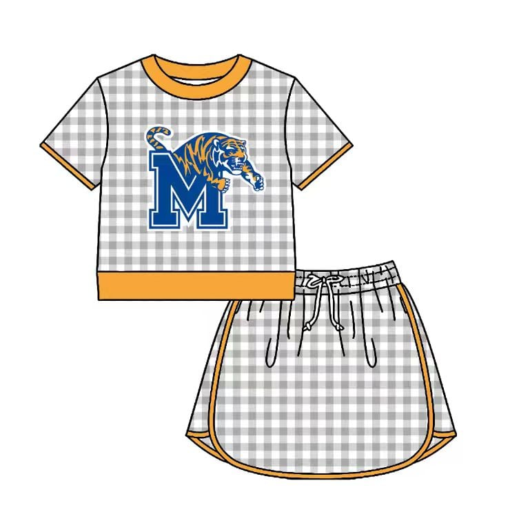 Custom moq 5 mix size milk silk summer teams Cute Baby Girl Casual Gray Plaid Two Piece Outfit Set