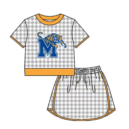 Custom moq 5 mix size milk silk summer teams Cute Baby Girl Casual Gray Plaid Two Piece Outfit Set